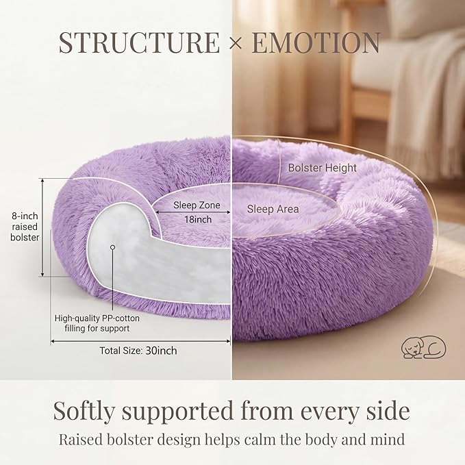 Calming Dog Bed for Medium Dogs Washable Donut 30 inches Anti-Slip Pet Bed,Round Fluffy Plush Faux Fur Cat Bed,Fits up to 45 lbs Pets,Purple