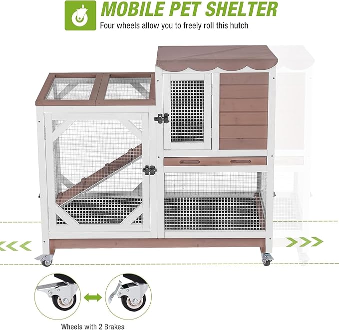 GUTINNEEN Rabbit Hutch Indoor Rabbit Cage with Wheels Outdoor Bunny House 2 Story Guinea Pig Cage with Leakproof Tarp Roof (Brown)