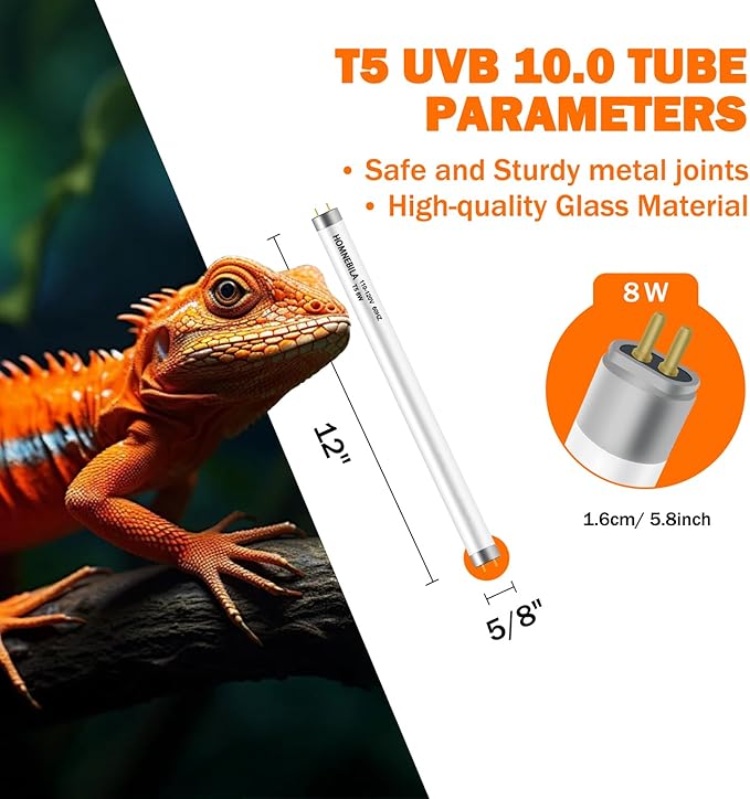 T5 10.0 UVB Reptile Light Bulb 8W, 2-Pack 12 Inch UVB/UVA Lamp Tube for Bearded Dragon, Lizards, Chameleons