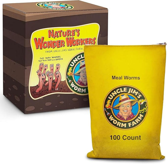 Uncle Jim's Worm Farm 100 Count Mealworms for Reptiles and Chickens | Mealworms for Feeding Lizard, Gecko, Bearded Dragons, Chickens, Birds, and More | Suitable for Fishing Bait
