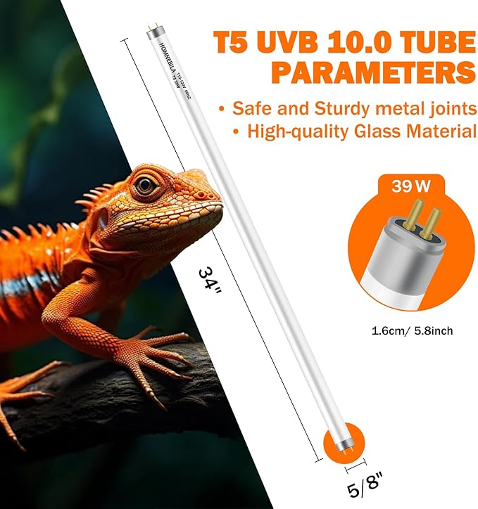 T5 10.0 UVB Reptile Light Bulb 39W, 2-Pack 34 Inch UVB/UVA Lamp Tube for Bearded Dragon, Lizards, Chameleons