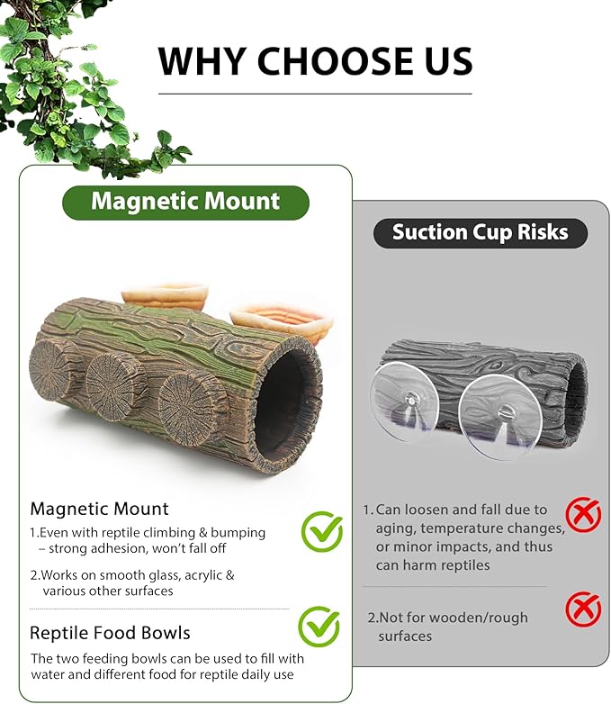 2 in 1 Magnetic Crested Gecko Hide, Reptile Hideout & Water Dish Food Bowl, Resin Hollow Log Cave, Reptile & Amphibian Habitat Hideouts, Aquariums & Terrariums Decor