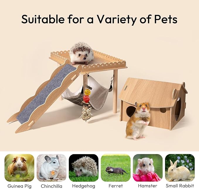 3-in-1 Guinea Pig Hideout, Large Wooden Guinea Pig House with Stairs, Hammock, Mat, and Chew Toys, Suitable for Small Rabbits, Guinea Pigs, Hamsters, and Other Rodents (Style 1)
