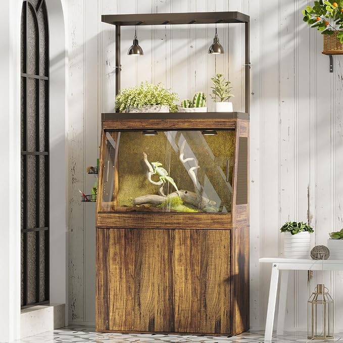 45 Gallon Inclined Reptile Tank with Terrarium Stand, Large Terrarium Reptile Tank Enclosure with Storage Cabinet, Adjustable Shelves and Ventilation Hole Panel, Bearded Dragon Cage, Brown