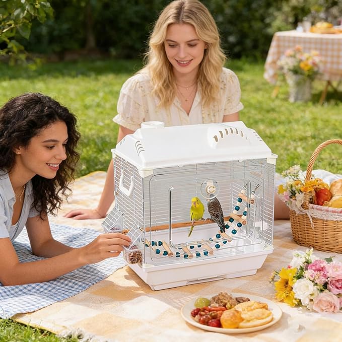 Small Bird Cage, 40x28x43cm Iron Wire Lightweight Parakeet Carrier in White, Gray with Wooden Perch, Ladder, Food Box, Kettle for Cockatiel, Lovebird, Conure