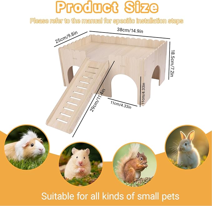 Large Wood Guinea Pig Hideout, 4 Doors Upgraded Guinea Pigs House with Ramp, Easy to Assemble Castle Detachable Small Animal House Bed Hut Habitats for Hamster Hideout/Rabbit/Chinchilla Hideout
