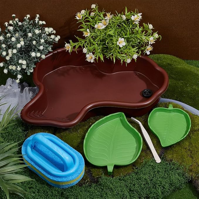 OLYCRAFT 5Pcs/Set Turtle Water Dish with Reptile Feeding Bowls and Cleaning Brush Non-Slip Bathtub Habitat Reptile Bathing Pool Set for Turtles Horned Frogs Lizards Small Pets