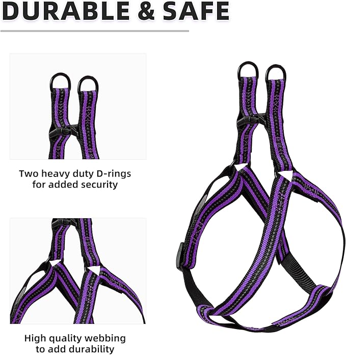 Mile High Life Night Reflective Double Adjustable Band Nylon Small Puppy Pet Dog Combo Collar Leash and Harness Set (Reflective Stripe Purple, Large (Pack of 3))