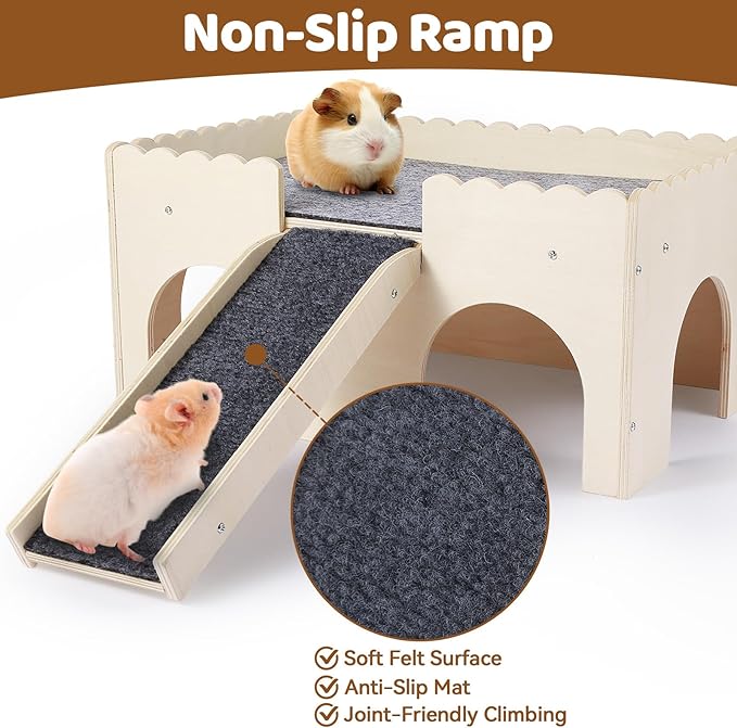 Guinea Pig Hideout 2-Tier Wooden Small Animal Hideout Sturdy Guinea Pig Castle with Ramp & Platform for Bunny, Chinchilla, Rat & Hamster - Easy Assembly Multi-Level Habitat