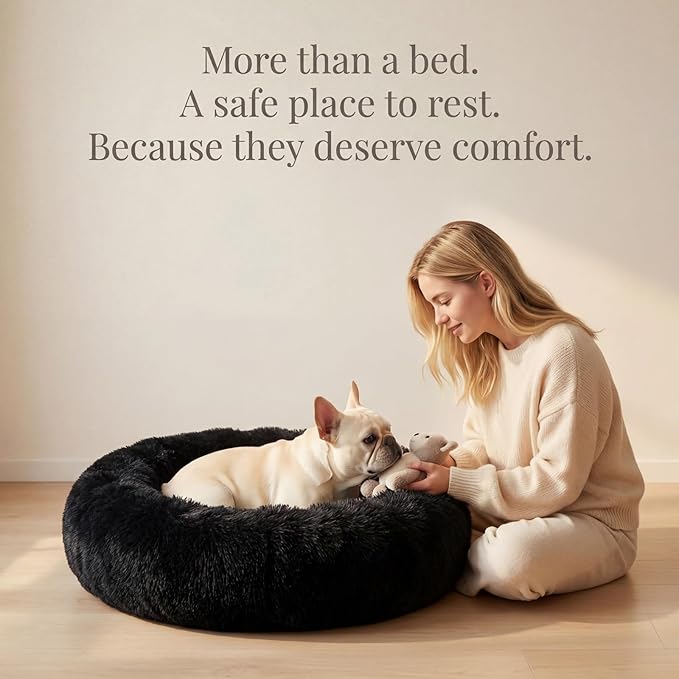 Calming Donut Dogs Beds for Medium Dogs up to 45 lb,30inch Anti-Slip Plush Round Dog Bed with Raised Rim,Fluffy Faux Fur Pet Bed for Cozy Sleep,Black