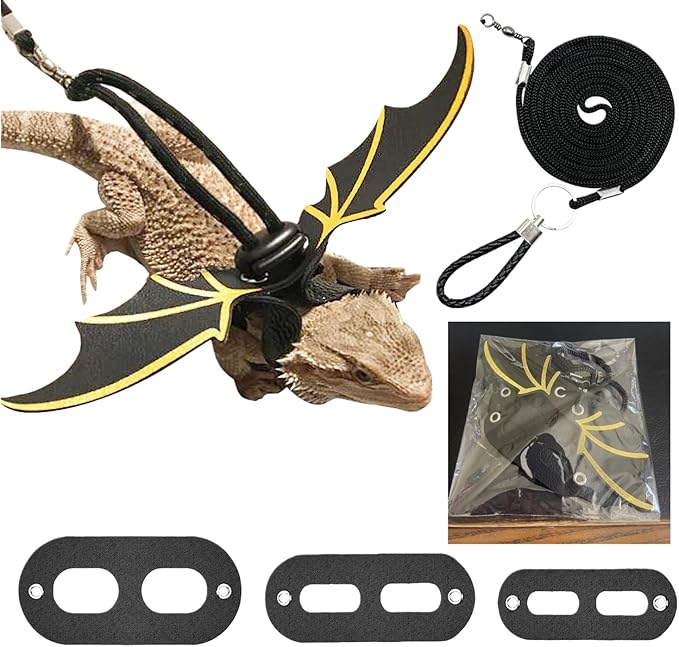 Bearded Dragon Lizard Harness Leash Set, Adjustable Reptile Lizard Leashes with Colorful Soft Leather Dinosaur Wing for Lizards, Geckos, Chameleon Bearded Dragon Decor Suit for Outdoor Travel-Black