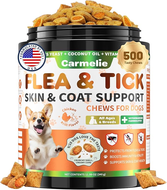 Flea and Tick Prevention for Dogs Chewables, 500 Crunchy & Savory Dog Flea and Tick Treatment with Multivitamins - Support Skin & Coat - Tasty Treats for All Breeds & Ages - Chicken and Krill Flavor