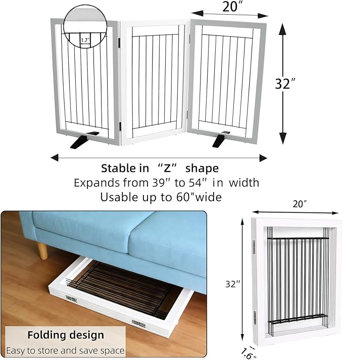 ZJSF Freestanding Dog Gate Indoor, Foldable Dog Fence for Doorways,Hallways or Stairs, Sturdy Wood Extra Wide Pet Gate with Support Feet,White,32 "Height-3 Panels