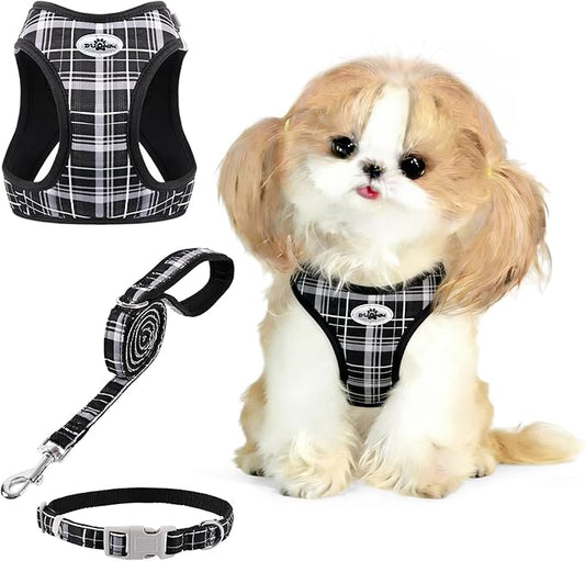 Gyuzh Cat Harness and Leash Set for Puppies - 3 Piece Step in No Pull Vest & Collar, Extra Small Kitten Harness, Breathable Reflective Plaid, Padded Leash (Black, S)