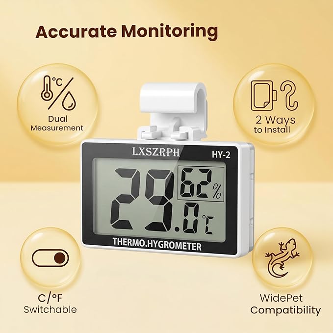2packs Accurate Reptile Thermometer Hygrometer, Self‑Adhesive Digital Temperature Humidity Meter with ℃/℉ Switch, Mini LCD Gauge for Terrarium Vivarium Bearded Dragon Tank Accessories (2packs)