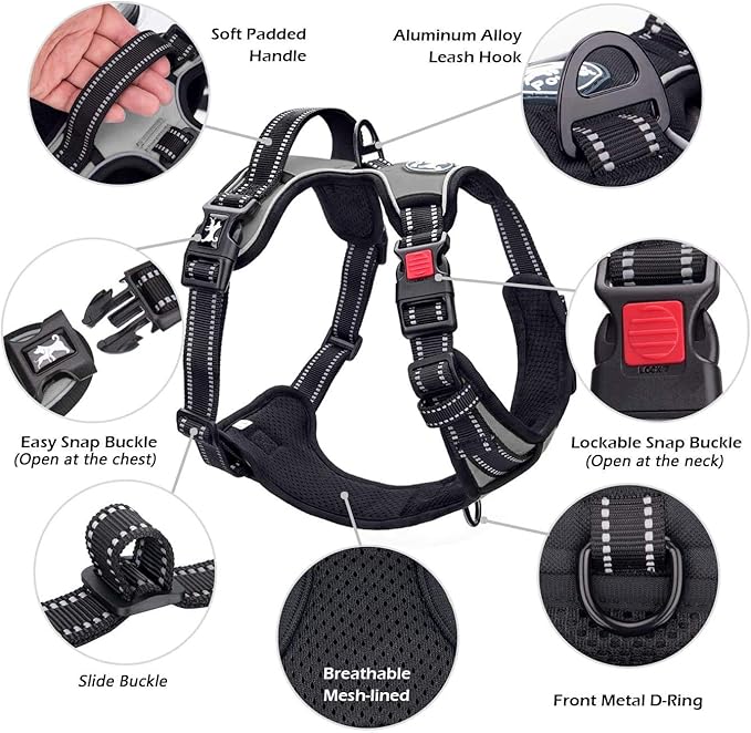 PoyPet No Pull Dog Harness, No Choke Front Clip Dog Reflective Harness, Adjustable Soft Padded Pet Vest with Easy Control Handle for Small to Large Dogs(Grey,L)