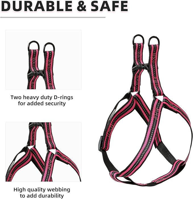 Mile High Life Night Reflective Double Adjustable Band Nylon Small Puppy Pet Dog Combo Collar Leash and Harness Set (Reflective Stripe Pink, Large (Pack of 3))