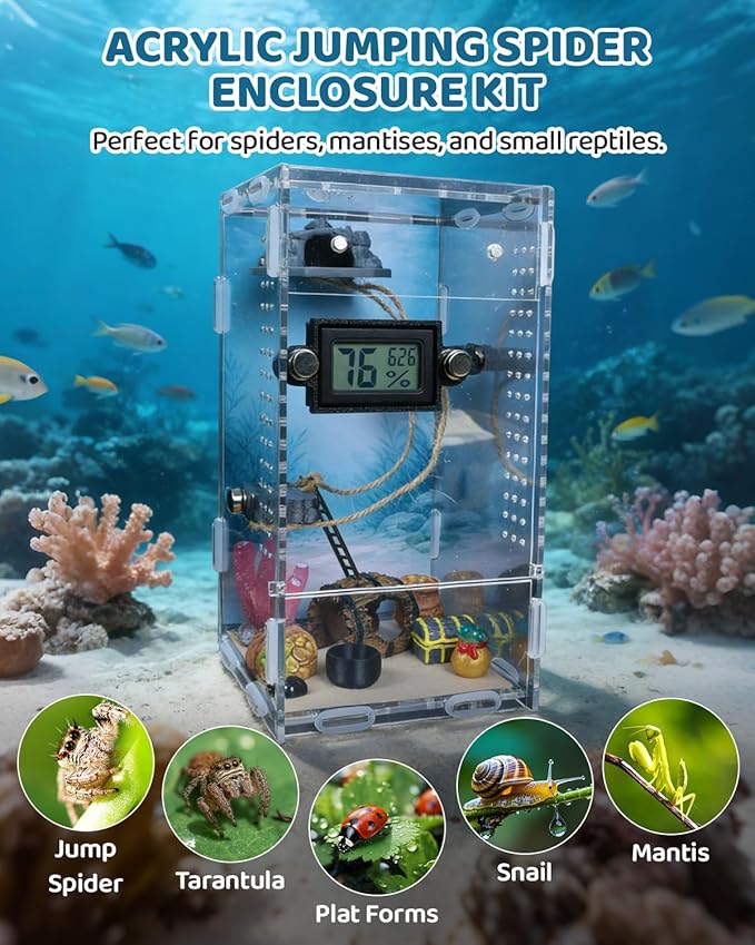DIY Jumping Spider Enclosure,4.7"x4.7"x7.9" Escape-Proof Spider Terrarium,Small Invertebrate Acrylic Accessories Set,with Temperature and Humidity Detector,Platform,Hide,Tweezer,Feeding Bowl