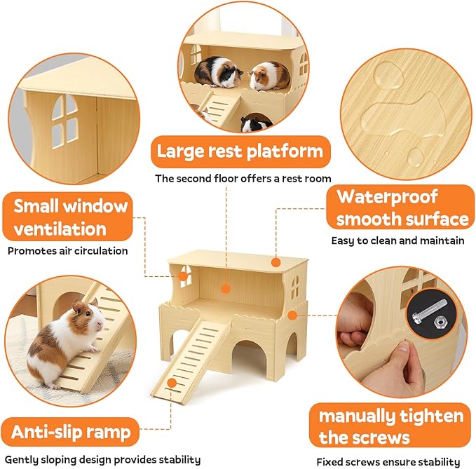 Large Two-Level Guinea Pig Hideout, Wooden Guinea Pig Castle with House, Platform and Stairs, Detachable Guinea Pigs House, Easy Assembly Accessories for Chinchillas, Hamsters, Rabbits and Guinea Pigs