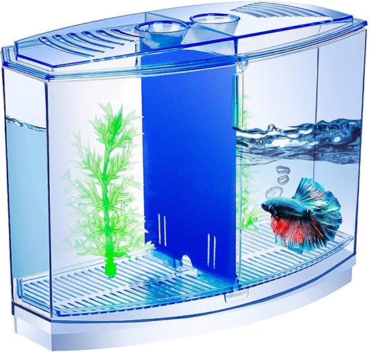 Mini Fish Tank with Divider, Small Beta Fish Tank Shrimp Tank Small Aquarium, 2/5 Gallon Double-Compartment Temporary Tank - Acrylic Aquarium Habitat for Crab Moss Seaweed Ball