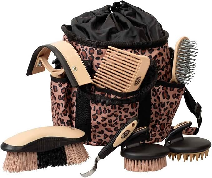 Weaver Equine Horse Grooming Kit, 7-Piece Horse Brush Set with Organizer Tote Bag, Hoof Pick, Comb, Sweat Scraper, Equine Tools for Daily Grooming, Leopard