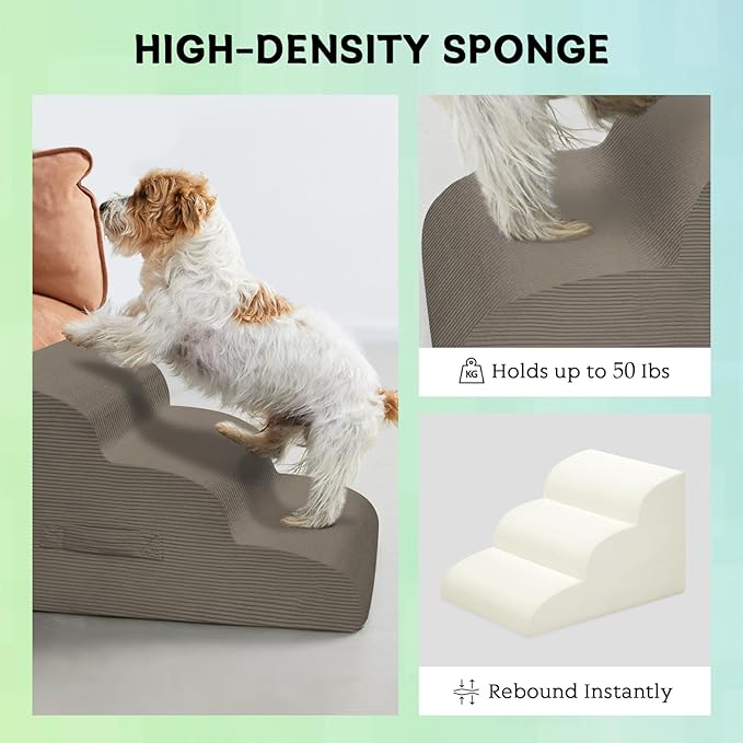 Mesa Lemon Dog Steps for Small Dogs, 3-Step Pet Ramp Stairs for High Beds and Sofa, Non-Slip Pet Stairs for Small Dogs and Cats, Removable and Easy to Clean Cover, Light Brown