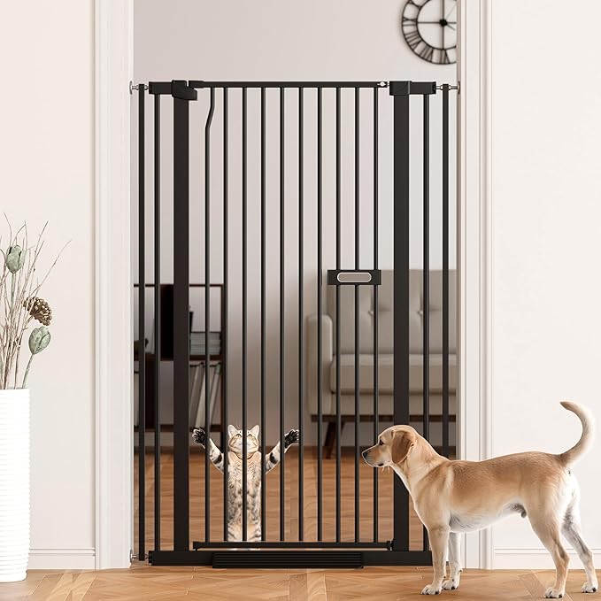 Extra Tall Cat Gate 55.1" for Doorways, 30.1-33.8" Wide High Pressure Mounted Baby Dog Pet Gate for Stairs, 1.37" Gap No Drilling Auto Close for Hallways/Kitchen, Black