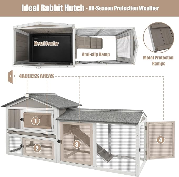 Gowoodhut Rabbit Hutch Indoor Outdoor Bunny Cage with Pull Out Tray,2 Story Wooden Rabbit Cage with Weatherproof Asphalt Roof,Guinea Pig Cage with Ventilation Doors,Ramp for Small Animals 114" L Grey