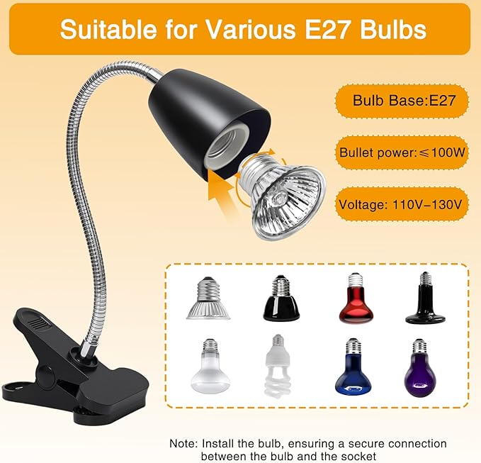 Reptile Heat Lamp with 2Pcs 50W UVA UVB Bulb, Turtle Heater Light with 360 Rotatable Basking Light with Clamp and Cycle Timer for Turtle Lizard Snake Amphibians