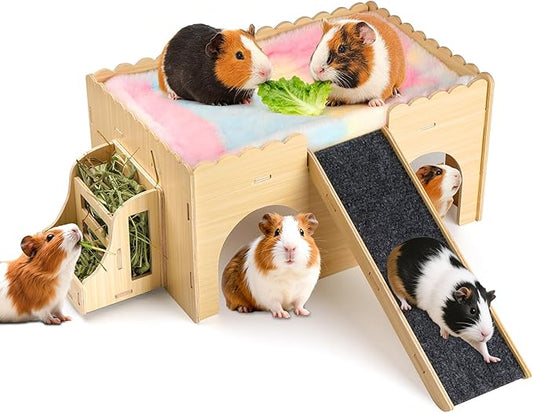 Large Guinea Pig Wooden Hideout with Detachable Snack Hay Feeder, Guinea Pig Castle with Plush Cushion and Ramp - Easy Assembly House for Play, Sleep & Exploration