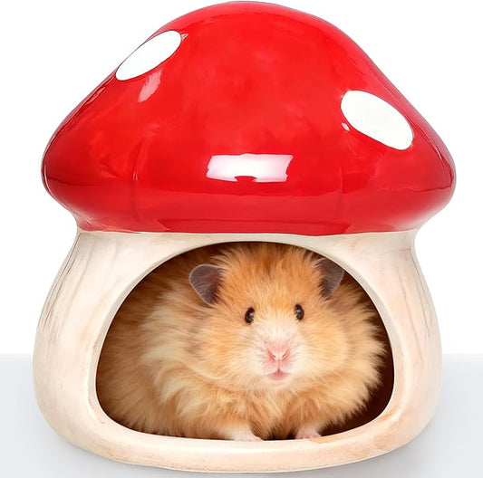 BNOSDM Ceramic Hamster Hideout Cute Mushroom Shape Hamster House and Habitat Cool Hamsters Hide Suitable for Syrian, Mice, Dwarf Hamsters, Gerbils (Red)