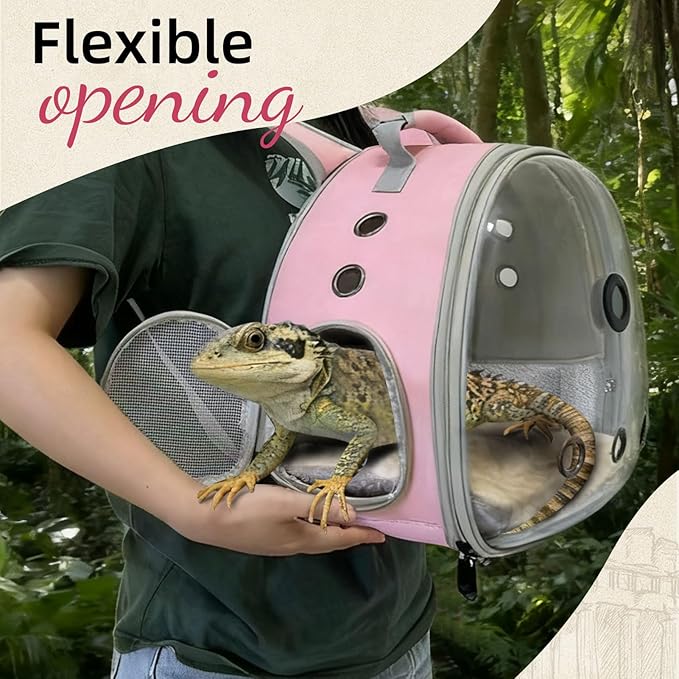 Bearded Dragon Travel Backpack Carrier with Reptile Thermometer and Humidity Gauge Lizard Travel Cage Space Capsule Clear Bubble Window Astronaut Reptile Carrier Bag for Ball Python (Pink, Backpack)