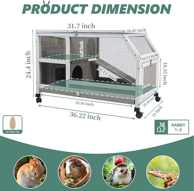 Gowoodhut Indoor Rabbit Hutch - 36''L Outdoor Wooden Bunny Hutch with Wheels Rabbit Cage Guinea Pig Cages Removable Pull Out Tray, Ramp, Hideout, Small Animals Pet House Hamster Ferret for Bunny Cage