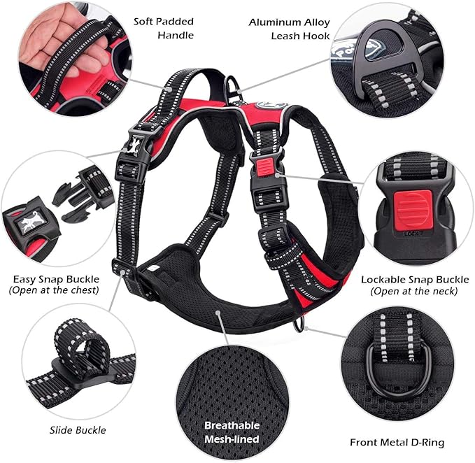 PoyPet Dog Harness No Pull, Reflective Adjustable No Choke Pet Vest with Front & Back Clips, Soft Padded and Control Training Handle for Large Dogs (Red, XL)