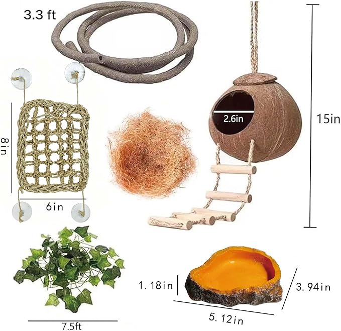 Leopard Gecko Tank Accessories. Reptile Hammock Vines Plants with Coconut Shell Ladder Hideout Hermit Crab Decor for Bearded Dragon Lizard Chameleon Crested Gecko Tortoise Snake(10PCS with Water Dish)