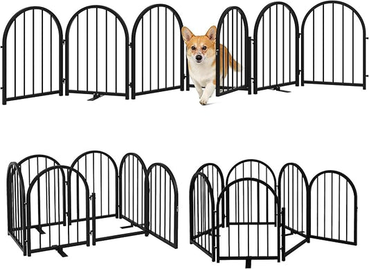 PUPETPO Full Metal Dog Gate with Door for Indoor Outdoor, 24" Tall Free Standing Pet Dog Fence, 108" Extra Wide Pet Gates for Stairs, Hallways, Doorways, Kitchen, Decks, Yards (Black, 6 Panels)