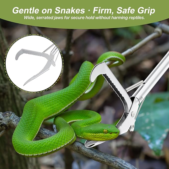 50" Folding Snake Grabber Tongs, Stainless Steel Snake Catcher Tool with Wide Jaws & Non-Slip Handle – Humane Reptile Handling Stick for Outdoor, Yard, Farm & Camping Use