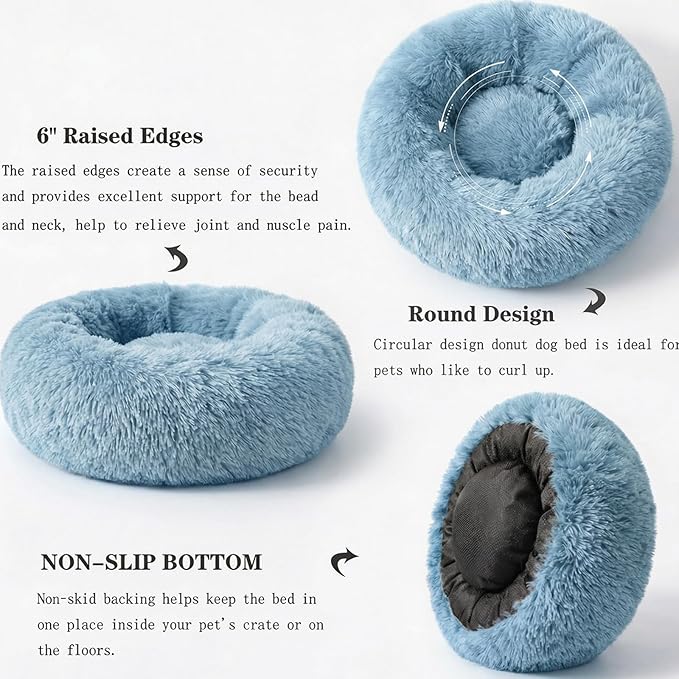 Calming Donut Dogs Beds for Small Dogs Washable,23inch Plush Round Pet Bed for Cozy Sleep,Fluffy Faux Fur Large Cat Bed,Fits up to 25 lbs Pets,Washed Blue
