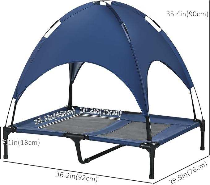 PawHut Elevated Dog Bed with Removable Canopy, Outdoor Dog Cot with UV Protection Canopy Shade, 36 inch Large Pet Bed for Camping, Dark Blue
