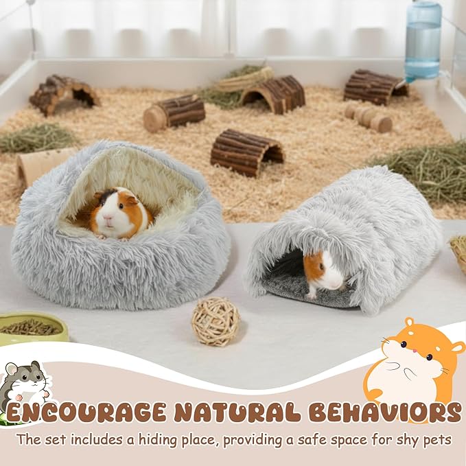 2 Pack Guinea Pig Hideout Bed with Tunnel, Large Soft Plush Cozy House, Washable Hideaway for Guinea Pigs and Small Animals(Style 2)
