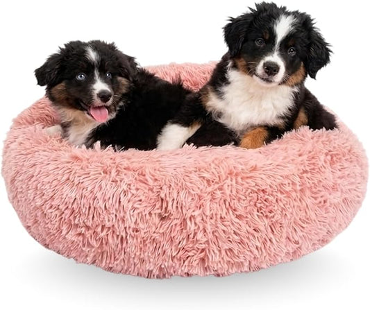 Active Pets Premium Medium Donut Dog Bed, Fits Up to 45 lbs, Removable Cover & Washable Cushion, Plush Long Pile Faux Fur Fabric, Portable Pink Pet Bed Furniture for Puppies Adult Canines & Cats