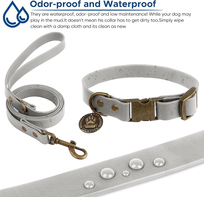 Wisedog Waterproof Dog Collar and Leash Set, Adjustable Puppy Collar with Cute Tag 5FT Dog Leash with Poop Bag for Small Medium Large Dogs (L, Grey)