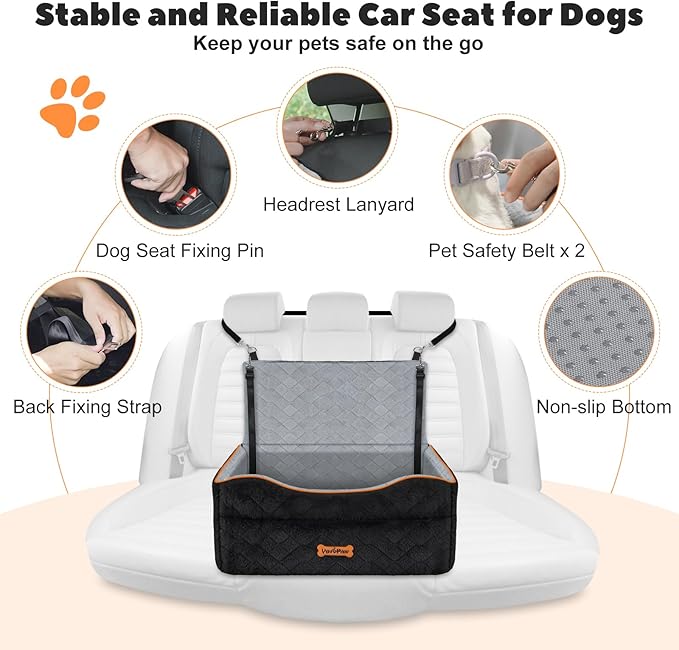 VavoPaw Dog Car Seat for Medium Dog, Dogs Booster Seat Under 50Lbs or 2 Small Dogs Washable, Pet Car Seats with 2 Safety Leashes, Pets Sofa Bed Cushion Add Thick Sponge, Pet Cars Carrier for Travel