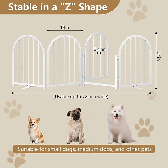 PUPETPO Full Metal Dog Gate with Door for Indoor Outdoor, 24" Tall Free Standing Pet Dog Fence, 72" Extra Wide Pet Gates for Stairs, Hallways, Doorways, Kitchen, Decks, Yards (White, 4 Panels)