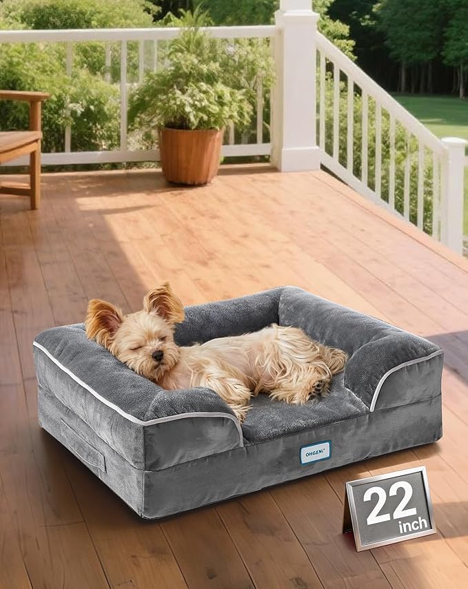 OhGeni Orthopedic Dog Bed Couch Cat Sofa for Small Sized Pets with Memory Foam, Machine-Washable Waterproof Removable Cover, Soft Comfortable Fabric, 22-inch (Gray)