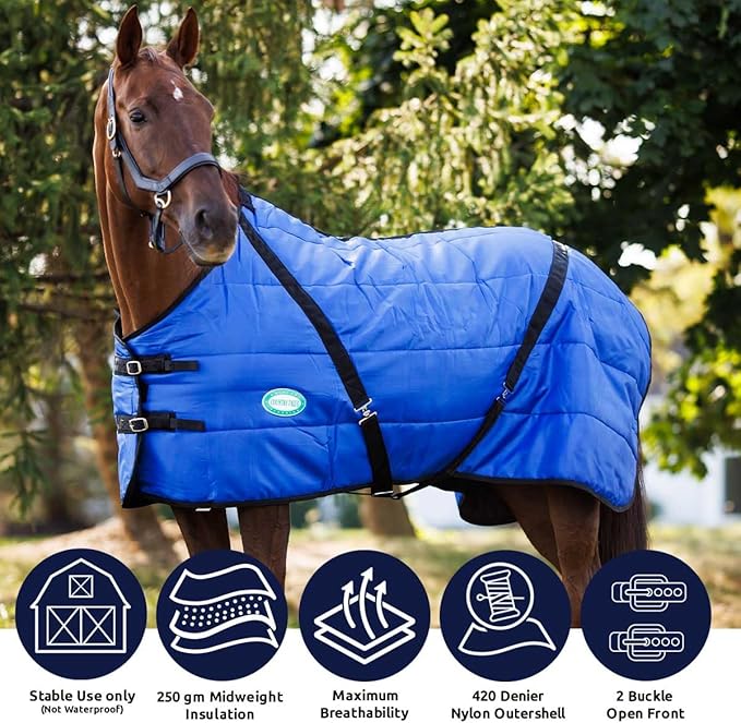 Country Pride Sentinel Channel Quilt Horse Stable Blanket, Midweight Open Front, 420D Nylon Outer Shell, 250g Poly-Fill Insulation, Wither Protection, Adjustable Leg Straps, Bias Surcingle (82, Blue)