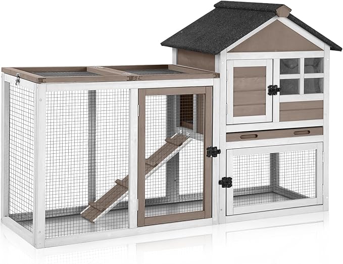 GUTINNEEN 51.6" Large Rabbit Hutch with Chew-Proof Ramp, Small Chicken Coop with Run for Outdoor, Indoor Bunny Cage Guinea Pig House with Leak-Proof Tray (Brown)