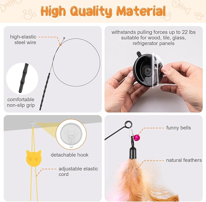 Depets Cat Wand Toy, 15 Pcs Interactive Cat Feather Toys for Indoor Self Play & Exercise, 2 Play Modes Kitten Teaser Wand, Reusable Suction Cup Kitten Toys - Image 6