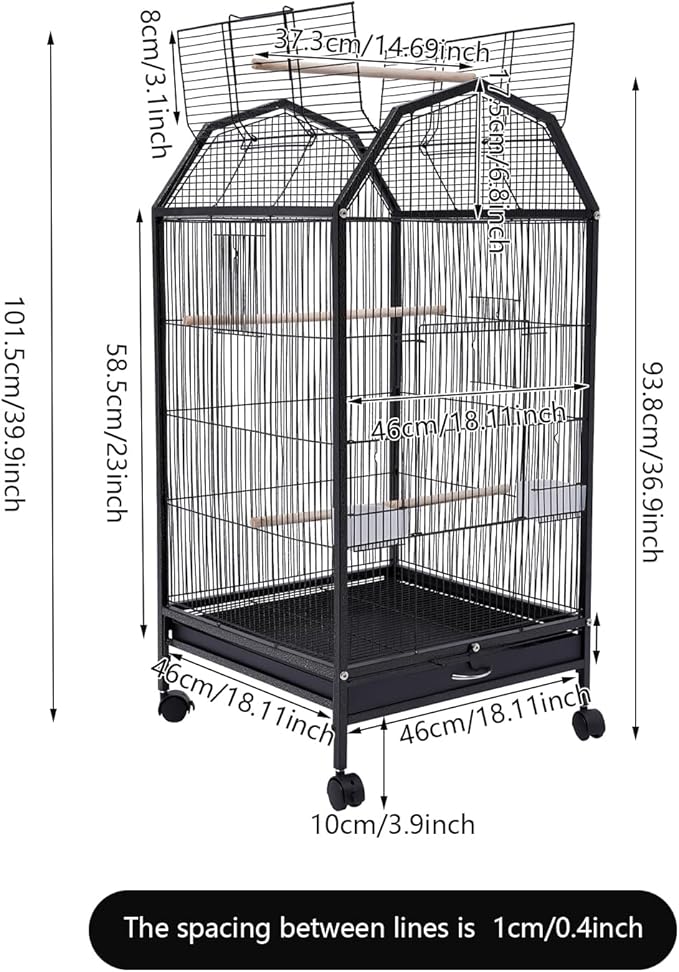 Large Bird Cage, Movable Pet Bird Flight Cages with 5 Doors Wheels, Panorama Bird Aviary Indoor with Stand 17.9x17.9x39.9in, Fit for a Canary, Finch, Cockatiels, Conures, Parrot, Lovebirds