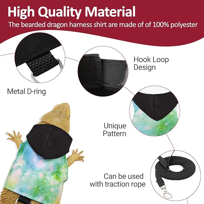 Bearded Dragon Lizard Hoodie Leash Suit Reptile pet Outdoor Chest Harness Chameleon Squirrel Leash Hooded Clothes Suitable for Bearded Dragon Lizard Reptiles（Black hat）